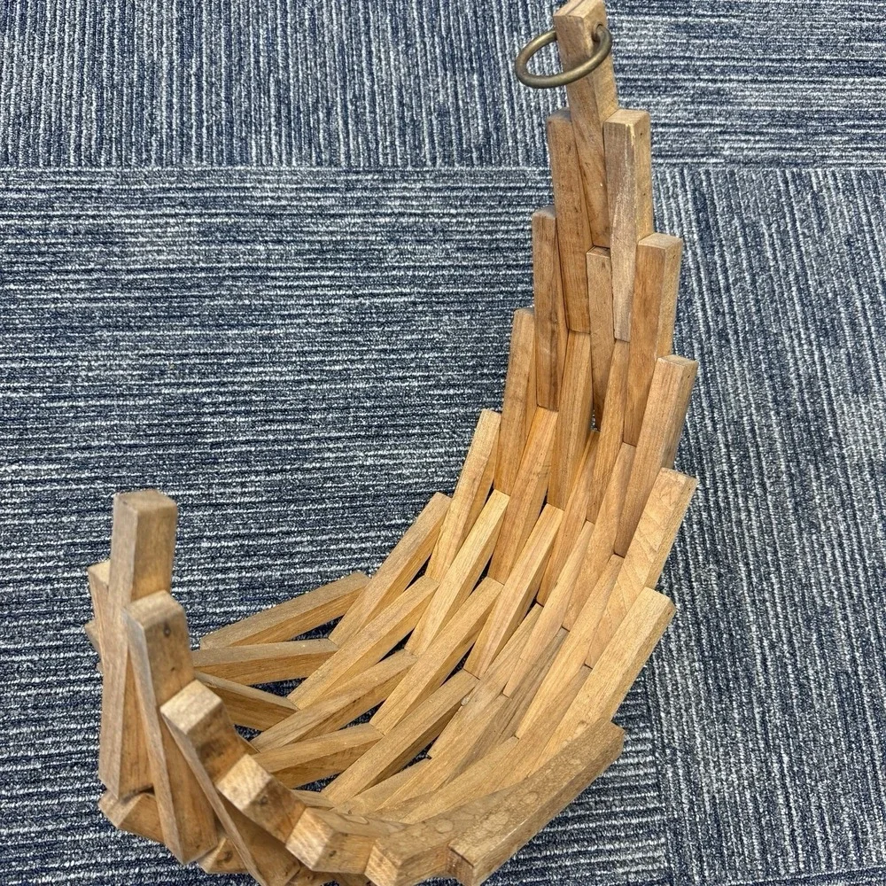Vtg Mid Century Modern Geometric Wood Block Crescent Moon Hanging‎ Plant Basket